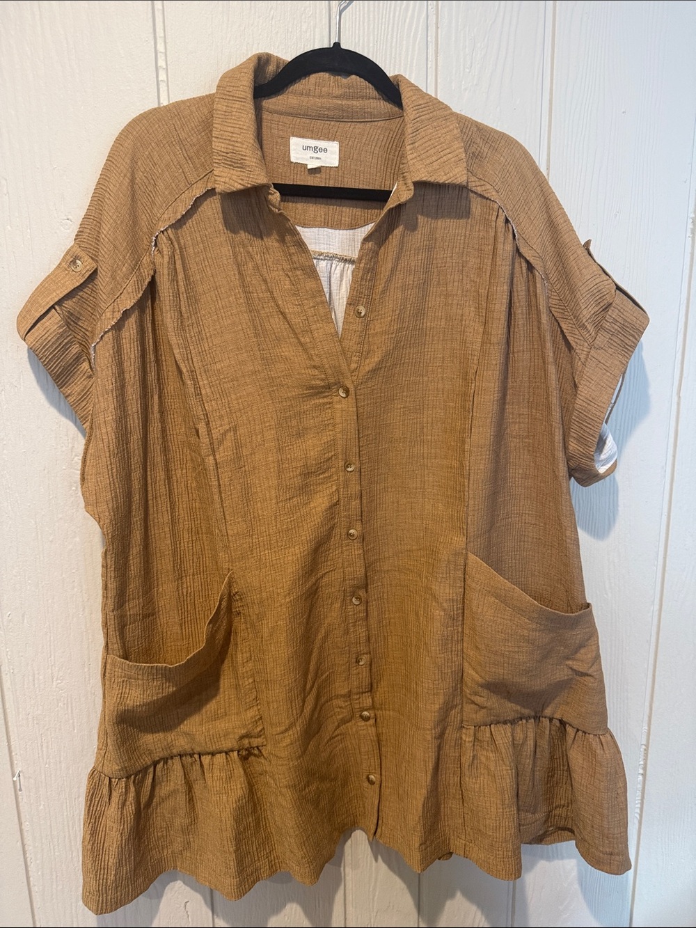 Umgee Tan Button-Front Ruffle-Hem Midi Dress